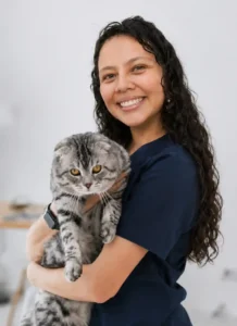 Medico veterinaria cargando un gato despues de su consulta veterinaria Ibagué